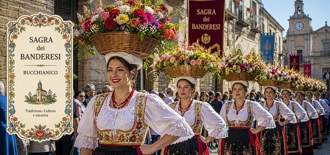 La Sagra dei Banderesi a Bucchianico è una delle manifestazioni folcloristiche più affascinanti della provincia di Chieti, ricca di storia, tradizione e simbolismo religioso. La celebrazione affonda le sue radici in un episodio leggendario legato a San Urbano, papa dal 222 al 230. Si racconta che il santo apparve in sogno ai cittadini di Troia, in Puglia, esortandoli a recuperare le sue reliquie a Roma per custodirle nella loro chiesa. Durante il viaggio di ritorno, però, giunti nei pressi di Bucchianico, un violento temporale impedì loro di proseguire, interpretando l’evento come segno della volontà del santo di rimanere nel paese. Le reliquie vennero così affidate ai frati benedettini della chiesa di Santa Maria Maggiore. Elemento centrale della festa è la figura del Sergentiere, massima autorità della manifestazione. Questo titolo, di carattere ereditario, appartiene alla famiglia Tatasciore, conosciuta come "Papè". Il Sergentiere ha un ruolo fondamentale nella gestione e nell’organizzazione della festa ed è considerato il discendente diretto del comandante medievale che, secondo la leggenda, ricevette in sogno da San Urbano la strategia per difendere Bucchianico da un’invasione nemica. Grazie alla sua guida, gli uomini del paese misero in scena un'astuta tattica di inganno militare che riuscì a scongiurare l'attacco. A ricordo di quell’evento storico, ogni anno si ripete la suggestiva "Ciammaichella", un momento di grande coinvolgimento popolare. Durante questa rievocazione, migliaia di persone sfilano in corteo per la piazza principale del paese, muovendosi in un sinuoso percorso a zig-zag, rievocando la strategia adottata dai soldati di Bucchianico. Il corteo è arricchito da spettacolari cesti decorati con fiori di carta, il cui colore e dettaglio testimoniano la dedizione e l’abilità artistica della comunità locale. Un ruolo fondamentale nella celebrazione è rivestito dai Banderesi, uomini che, nei giorni della festa, indossano abiti tradizionali con fasce rosse e azzurre, completati da pennacchi colorati. Questi partecipano attivamente all’organizzazione della manifestazione e hanno l'onore di portare in processione le reliquie di San Urbano. Il momento culminante della festa è la solenne sfilata del 25 maggio, durante la quale i Banderesi danzano con i vessilli comunali, rendendo omaggio al santo protettore di Bucchianico. Accanto ai Banderesi, le "Pacchianelle" rappresentano il volto femminile della celebrazione. Queste donne, vestite con abiti tradizionali spesso tramandati di generazione in generazione, portano sul capo canestri decorati con fiori di carta. Le Pacchianelle sono considerate vere e proprie artigiane della carta, capaci di realizzare composizioni floreali incredibilmente realistiche e ricche di colori. Ogni anno, la loro creatività e abilità sorprendono i visitatori, contribuendo a mantenere viva una tradizione secolare che continua a rappresentare con orgoglio l’identità culturale di Bucchianico e della provincia di Chieti.