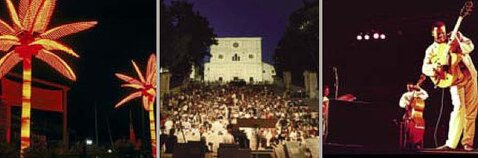 Gli eventi in Abruzzo L’estate culturale abruzzese ha i suoi momenti più alti nel mese di luglio, quando a Pescara si tengono l’annuale Festival Internazionale del Jazz (il più antico d’Italia) e il Premio Flaiano di cinema, teatro, editoria e televisione che ogni anno richiamano in Abruzzo un gran numero di personaggi di assoluto rilievo internazionale. A Vasto, da molti anni si organizza il premio letterario Histonium (che sarebbe l’antico nome romano della cittadina), mentre dal 1967 il Premio Vasto d’Arte richiama artisti da tutta Europa. Ancora a Pescara, nel grande teatro all’aperto intitolato a Gabriele d’Annunzio, situato nel cuore di una bella pineta proprio di fronte alla spiaggia, si svolge nei mesi di luglio e agosto la Stagione Teatrale Estiva alla quale partecipano le maggiori compagnie teatrali nazionali. Più a nord, sono da ricordare l’appuntamento annuale che Tortoreto dedica alla Rassegna del Teatro per Ragazzi, con spettacoli di giocolieri, clown e trampolieri e il Festival del Teatro Comico a Sant’Omero. La trentennale Rassegna Internazionale di Musica d’Organo, ambientata nelle antiche piazzette di Vasto, ha accolto i nomi più celebri del settore, così come il festival di Musica Classica “Pietre che cantano” nella incantevole cornice medievale di Ocre e dei borghi medievali della Valle dell’Aterno, l’Estate Musicale a Lanciano. Al blues sono invece dedicati gli importanti appuntamenti estivi di Aventino Blues, che coinvolge numerosi comuni della omonima valle del medio chetino, e la rassegna di Tortoreto. Per i più giovani il ventaglio di offerte è ancora più ampio e variegato; oltre ai concerti dei cantanti più gettonati del momento e dei mostri sacri della musica italiana e internazionale, che vengono fissati di anno in anno dalle singole amministrazioni. Sul fronte cinematografico non si contano davvero gli appuntamenti con le visioni in piazza; meritano una menzione la rassegna organizzata a Pescara e il Vasto Film Festival, che richiama in città i nomi più noti del firmamento cinematografico nazionale. Da alcuni anni Teramo organizza una straordinaria Notte Bianca, ricca di un gran numero di spettacoli, che richiama nel capoluogo decine di migliaia di visitatori.